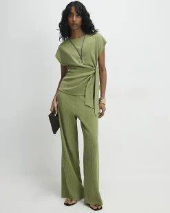 Green Short Sleeve Textured Twist Front Top