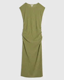 Green Short Sleeve Texture Ruched Midi Dress