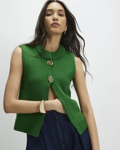 Green Sleeveless Button Cardigan