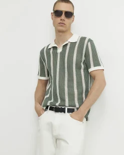 Green Slim Fit Crochet Open Neck Shirt