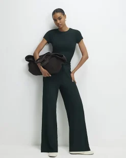 Green Textured Wide Leg Trousers