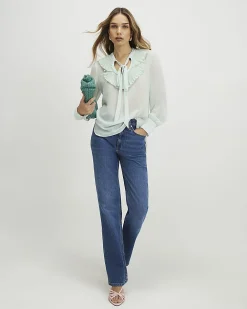 Green Tie Neck Long Sleeve Blouse