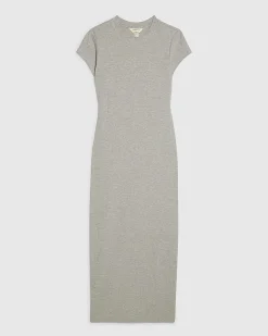 Grey Cap Sleeve Rib Midi T-Shirt Dress