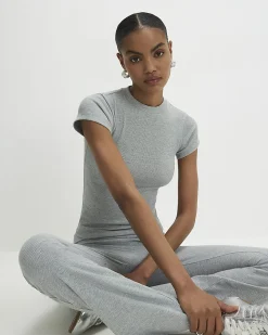 Grey Cotton Blend Fitted Ribbed Top