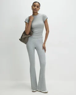 Grey Cotton Blend Fitted Ribbed Top