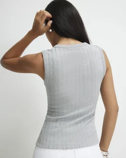 Grey Cotton Blend Popper Tank Top