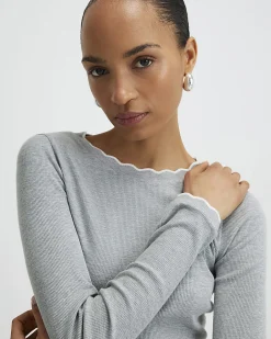 Grey Cotton Blend Scallop Trim Top