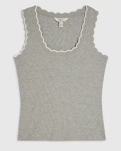 Grey Cotton Blend Scallop Trim Tank Top