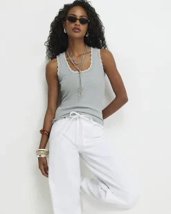 Grey Cotton Blend Scallop Trim Tank Top