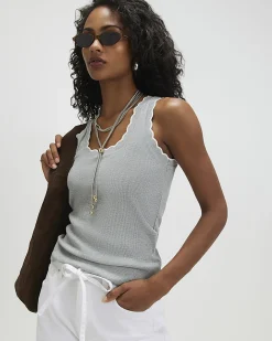 Grey Cotton Blend Scallop Trim Tank Top
