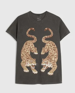 Grey Cotton Leopard Print T-Shirt
