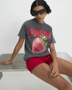 Grey Cotton Strawberry Boyfriend Fit T-Shirt