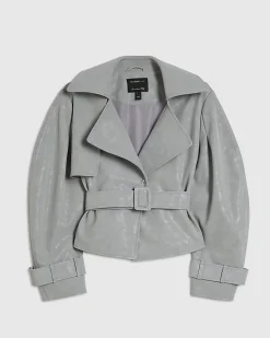 Grey Faux Leather Cropped Belted Trench Coat