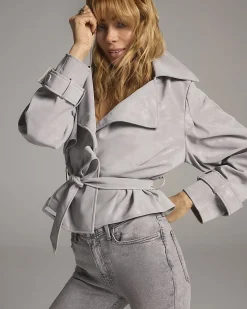 Grey Faux Leather Cropped Belted Trench Coat