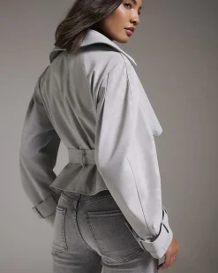Grey Faux Leather Cropped Belted Trench Coat