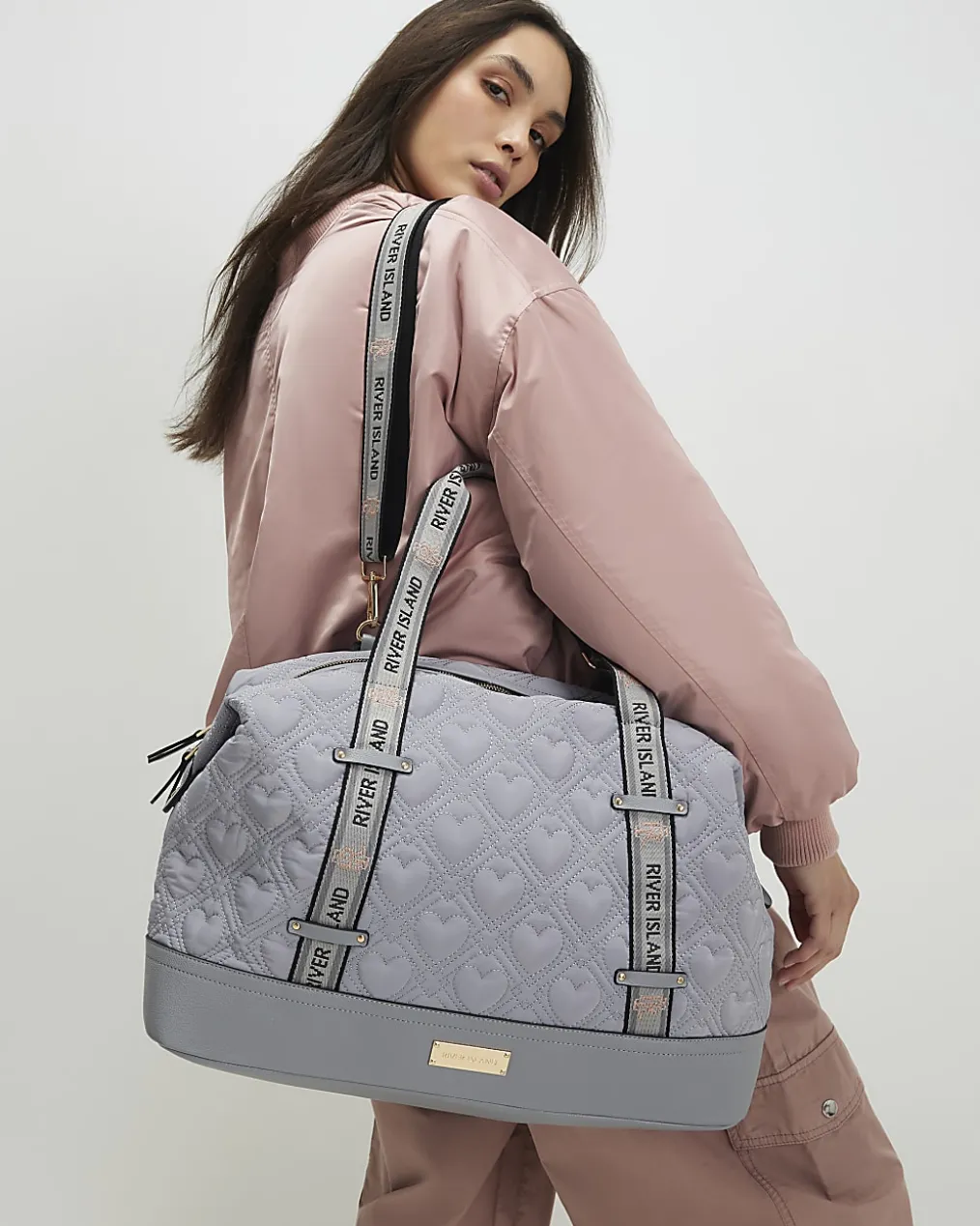 Grey Heart Quilted Holdall Bag
