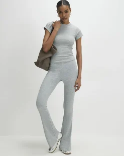 Grey High Waisted Ribbed Flare Leggings