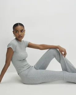 Grey High Waisted Ribbed Flare Leggings