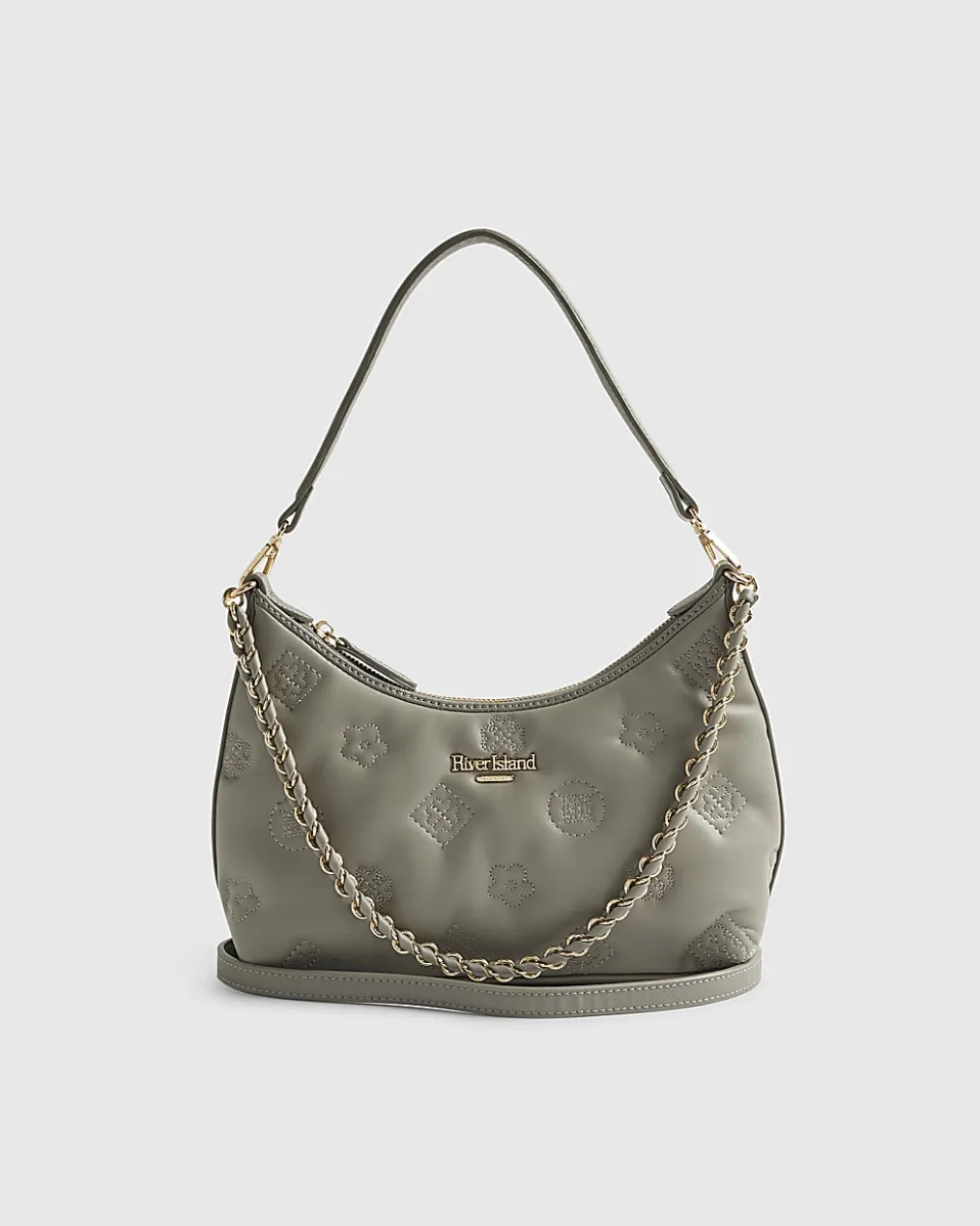 Grey Monogram Quilted Scoop Shoulder Bag