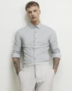 Grey Muscle Fit Pique Long Sleeve Shirt