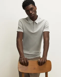 Grey Muscle Fit Ribbed Quarter Zip Polo Shirt