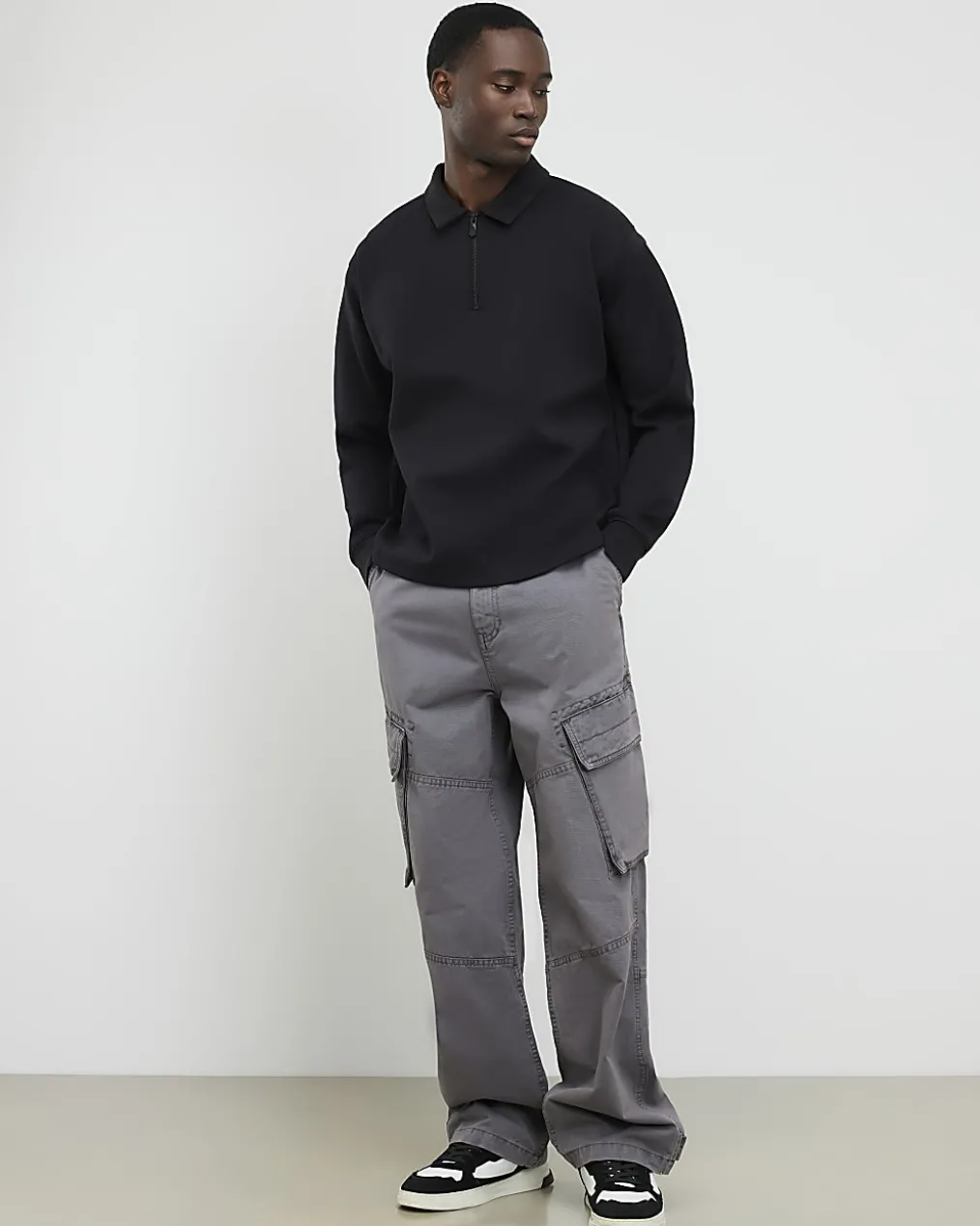 Grey Oversized Fit Long Sleeve Polo Shirt