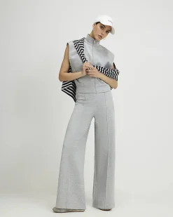 Grey Pintuck Interlock Wide Leg Joggers