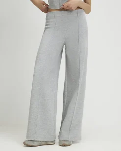 Grey Pintuck Interlock Wide Leg Joggers