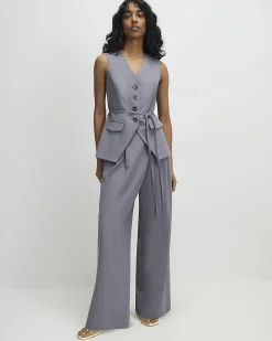 Grey Premium Wrap Detail Wide Leg Trousers
