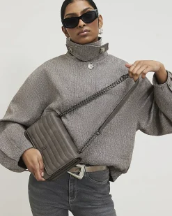 Grey Quilted Chain Shoulder Bag