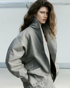 Grey RI Studio Leather Bomber Jacket