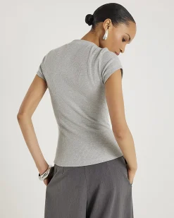 Grey Short Sleeve High V Neck Ribbed Top