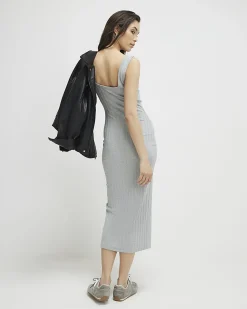 Grey Sleeveless Ribbed Button Midi Dress