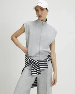 Grey Sleeveless Zip Through Interlock Top