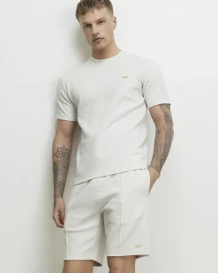 Grey Slim Cotton Jacquard Textured T-Shirt