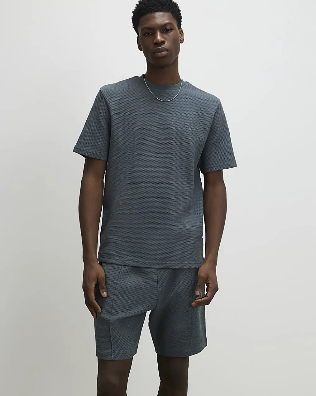 Grey Slim Fit Cotton Textured T-Shirt Set