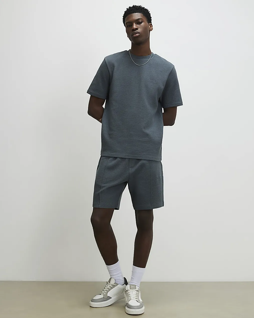 Grey Slim Fit Cotton Textured T-Shirt Set