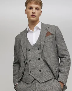 Grey Slim Fit Textured Check Waistcoat
