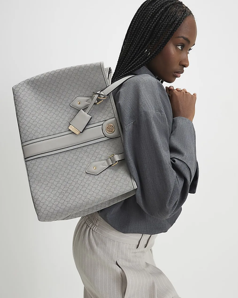 Grey Stripe Monogram Shopper Bag
