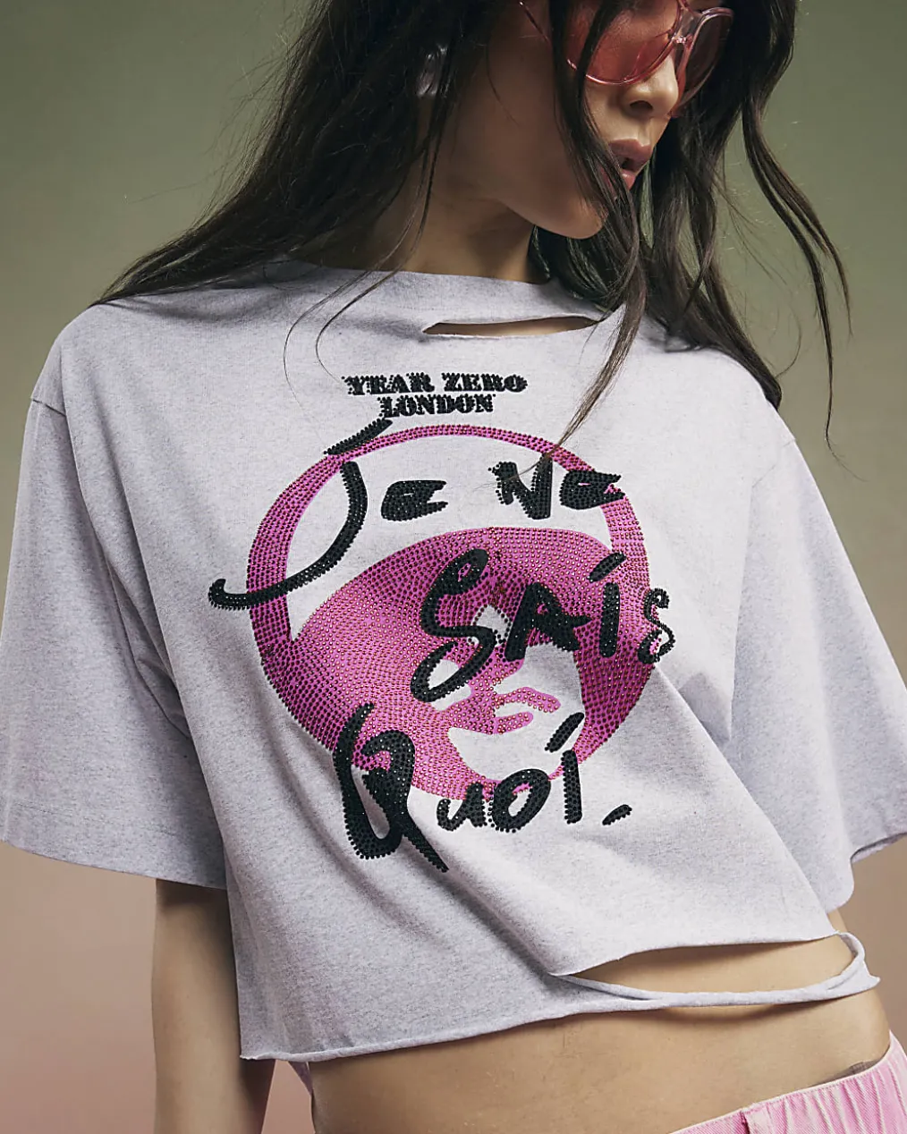 Grey Year Zero Embellished Crop T-Shirt