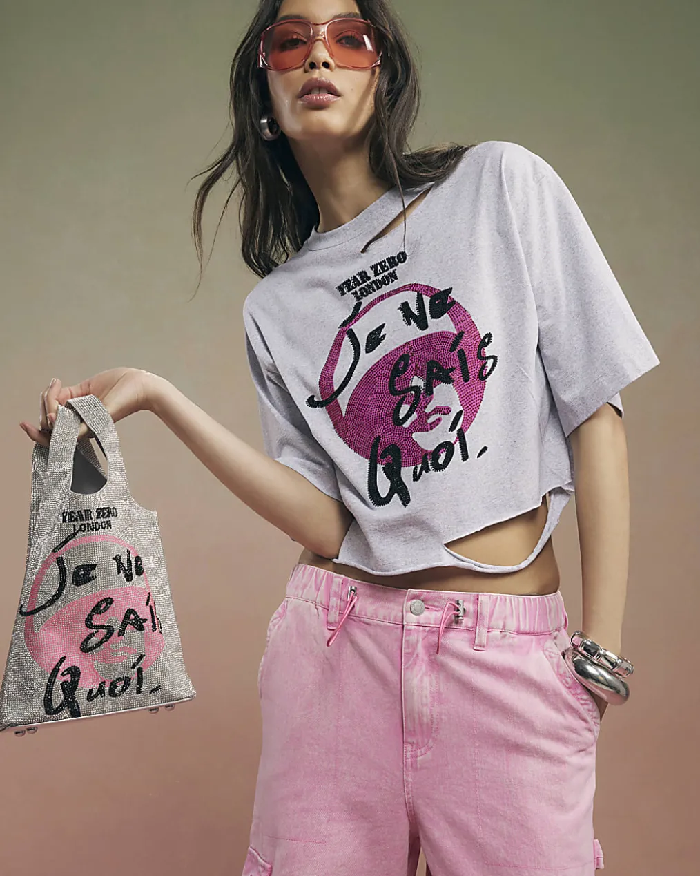 Grey Year Zero Embellished Crop T-Shirt