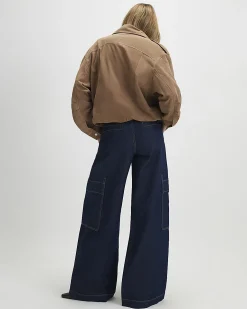 Indigo Mid Rise Cargo Wide Leg Baggy Jeans