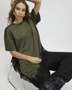 Khaki Asymmetric Lace Satin T-shirt