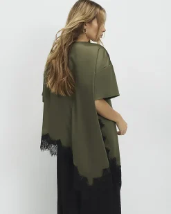Khaki Asymmetric Lace Satin T-shirt