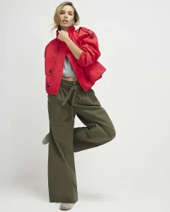 Khaki Belted Wide Leg Poplin Trousers