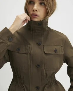 Khaki Cotton Blend Funnel Neck Jacket