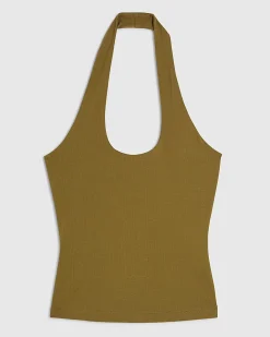 Khaki Cotton Blend Halter Neck Tank Top