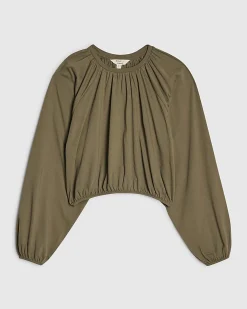 Khaki Cotton Blend Long Sleeve Bubble Hem Top