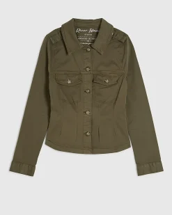 Khaki Cotton Blend Stretch Fitted Jacket