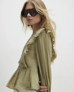 Khaki Cotton Cutwork Ruffle Blouse
